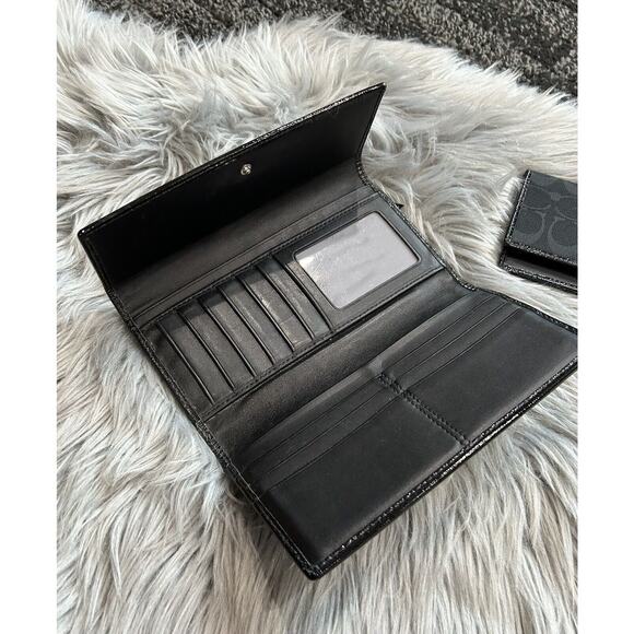 VTG COACH Black Signature 12CM Jacquard Patent Leather Trifold Clutch Wallet Set - Picture 4 of 9